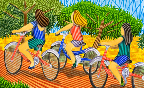 Three girls on a bicycle - Javier Ortas painting