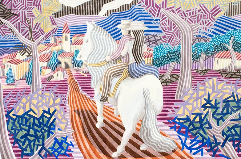  Obra de arte titulada: El caballo blanco, del pintor Javier Ortas. En esta obra en acuarela se ve a un caballo blanco montado por una pareja que avanza por un camino rumbo a un pueblo. Tiene cierto aire andaluz porque la obra está basada en la literatura de Federico garcía Lorca