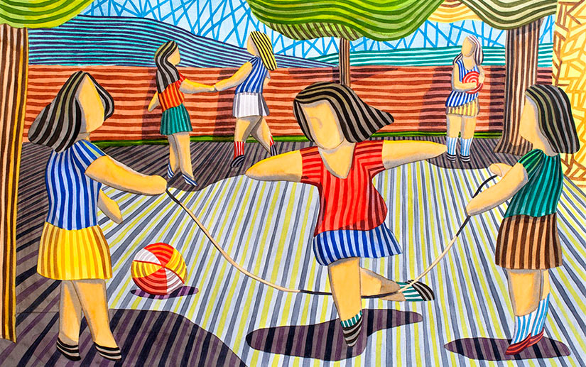 Obra de arte de Javier Ortas realizada en acuarela con el estilo personal del pintor. Título: Niñas jugando en el recreo.