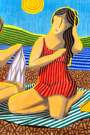 Fille sur la plage avec une robe rouge peinture Javier Ortas