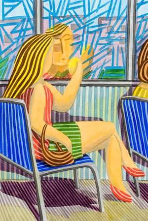 Une fille blonde dans le bus, Javier Ortas painting