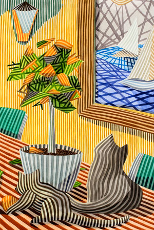 Obra de javier Ortas titulada Bodegón con gatos y un naranjo chino