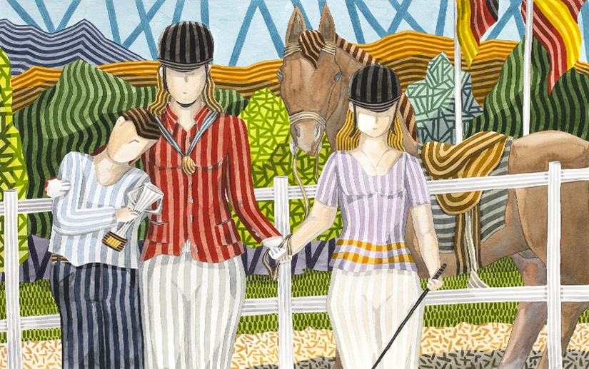 Obra de arte de Javier Ortas realizada en acuarela con el estilo personal del pintor. Título: Junto a su caballo.