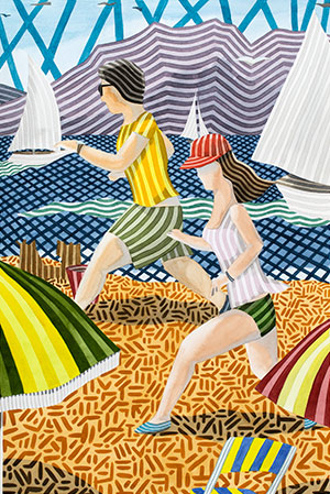 Obra de arte. En ella dos personas corren en la playa. Arte con estilo propio basado en líneas. Destaca por el buen uso del color y de las formas. El artista también tiene gran conocimiento del encuadre. Obra creada con la imaginación